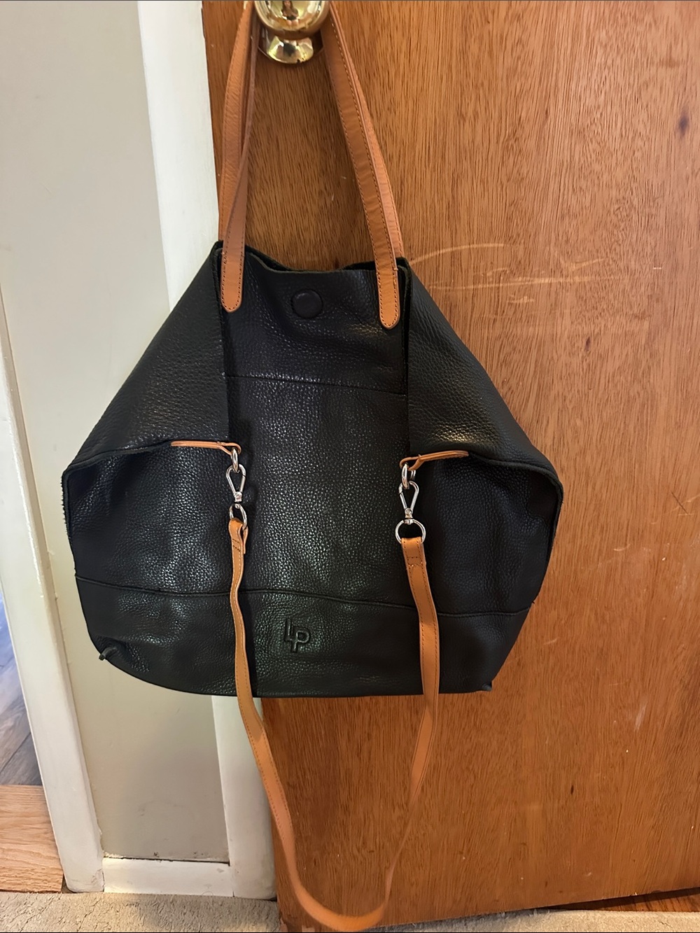 Linea Pelle Black Tote with Tan Straps